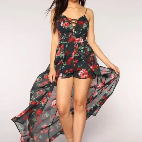 Ambiance Black Floral Maxi Short Romper - Size small - Picture 1 of 2